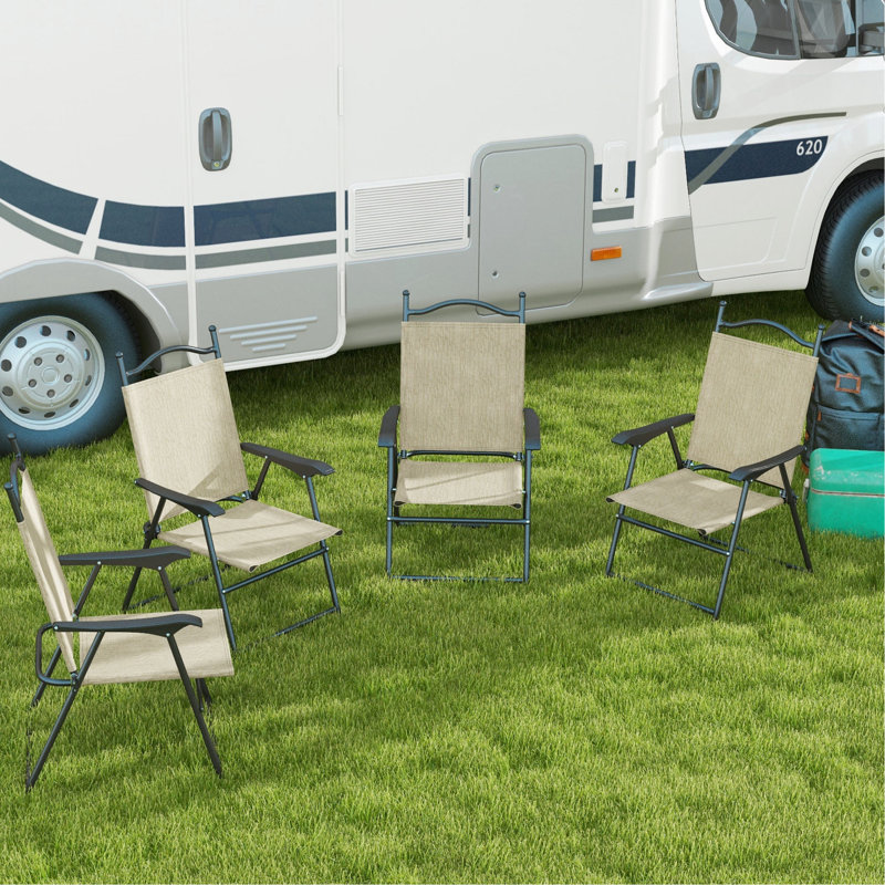 Folding Patio Chairs, Of 4 For Adults. Beige Camping Chairs With . Strong Metal Frame, Weather . Two Person Seating, 528 Lbs Load. Distinctive Design. Antique Garden Patio. Slat Seat Drain