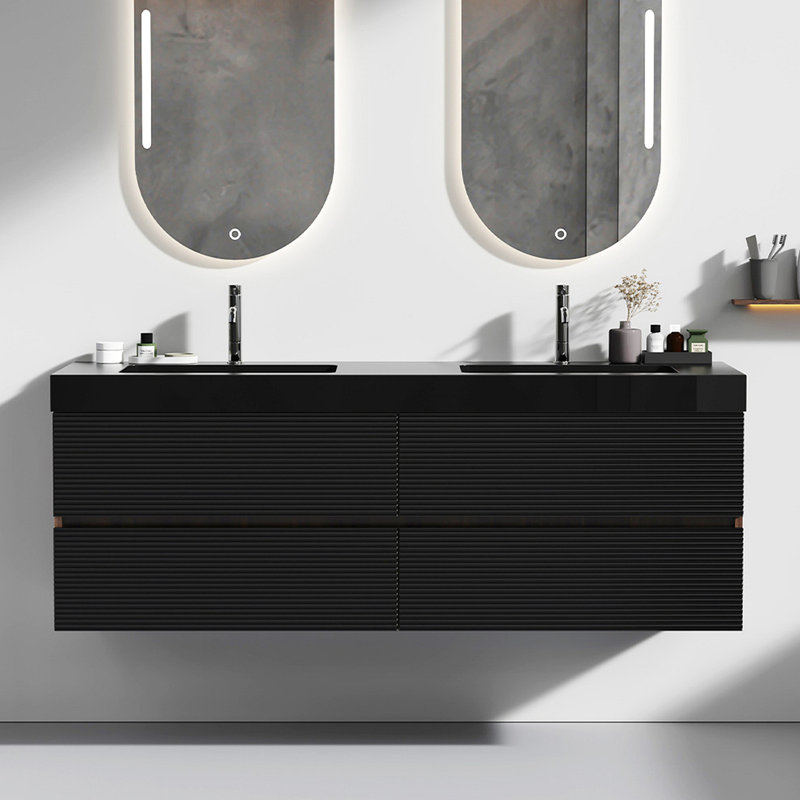 Meuble-lavabo de 60 po en noyer Grace avec lavabo en quartz d'ingénierie noir mat et tiroirs noirs doux, meuble-lavabo mural flottant pour salle de bain moderne, lavabo une pièce noir mat, pré-assemblé