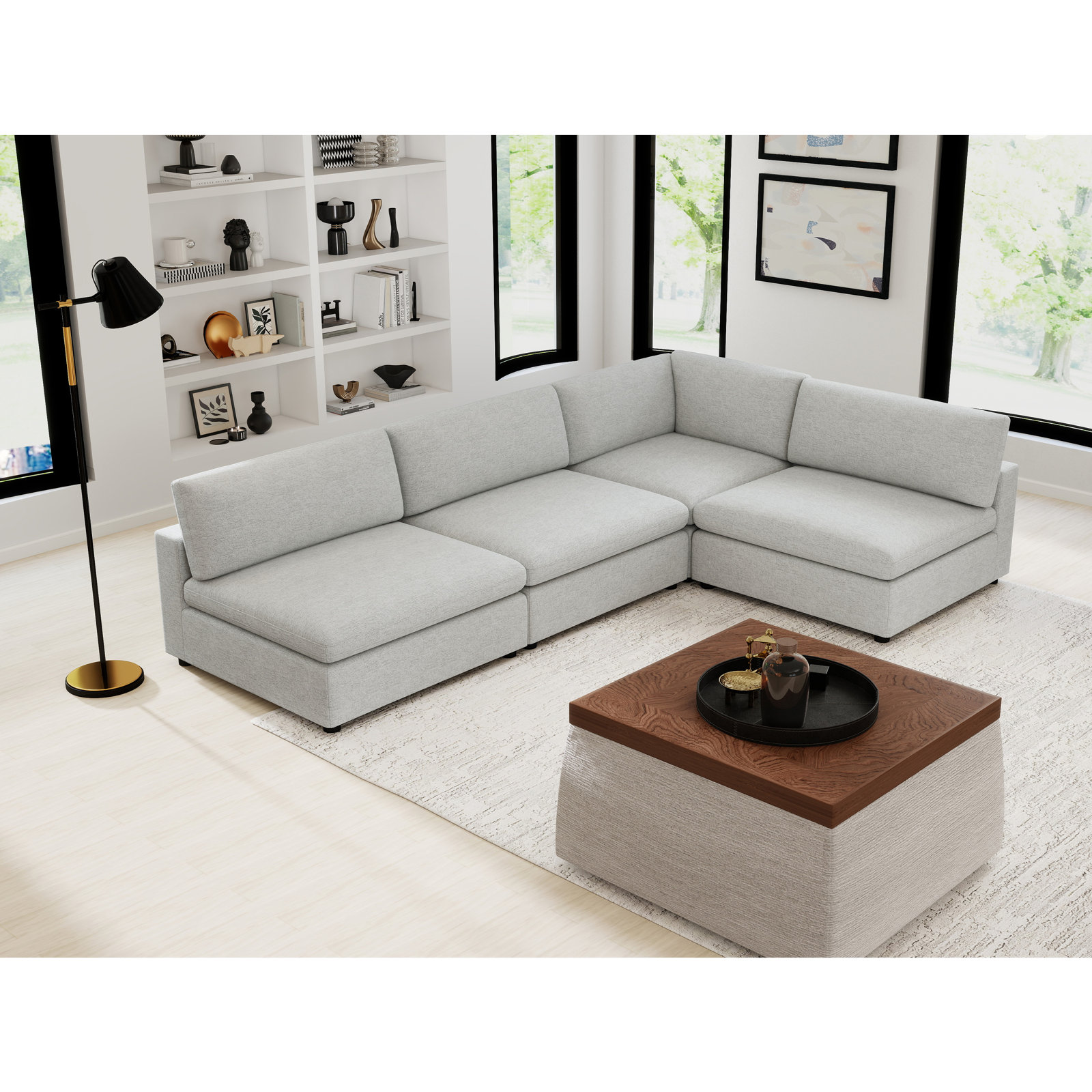 Nuccio 4-Piece Modern Minimalist Soft-Upholstered Sectional With Pillow Back, Cream