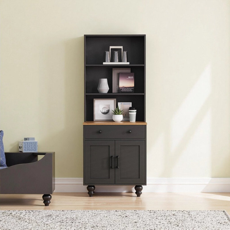 Farmhouse Storage Cabinet with Solid Wood Gourd Legs - 5-Tier Bookshelf with Adjustable Shelves & Drawer for Kitchen, Living Room, Black