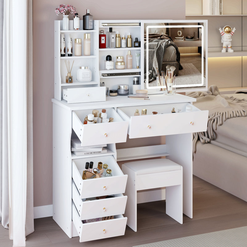 37" Left Drawer Desktop Led Vanity Table + Cushioned Stool, Large Sliding, Touch Control, 3-Color Switching Mirror, High Capacity Storage Fashionable Makeup Dressing Set, Epa, Gcc, Ul Certificate