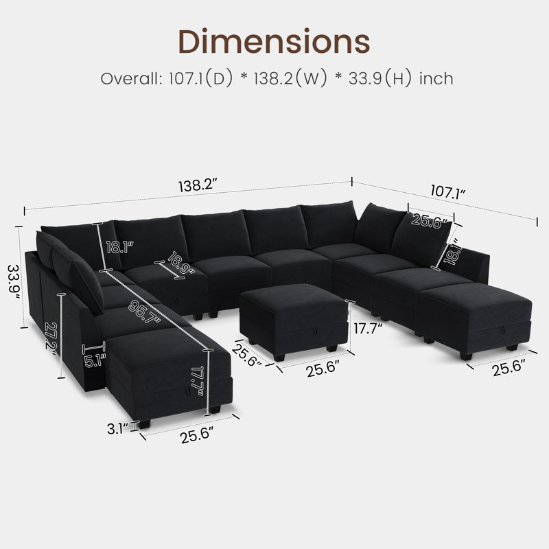 Kandle Modular Upholstered Velvet Chaise Sectional Sofa, Black Velvet