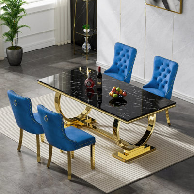 Ensemble de salle à manger 5 pièces en marbre noir pour 4 personnes, ensemble table et chaises de cuisine de luxe 68 po dorées avec base en acier inoxydable pour cuisine et salle à manger