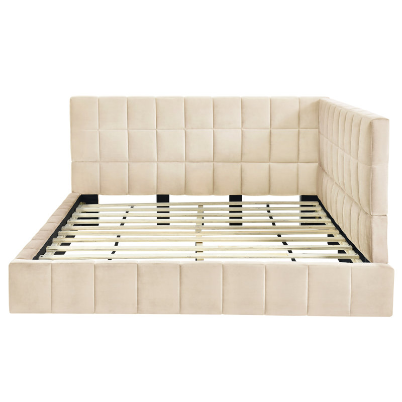 Structure de lit de jour / cadre de lit beige rembourré - aspect Mid-Century, polyvalent pour la maison, avec des lattes supplémentaires de conception classique, livré avec