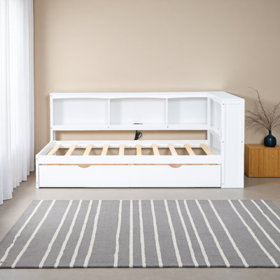 Lit de jour simple avec deux tiroirs de rangement, armoires de rangement et ports USB