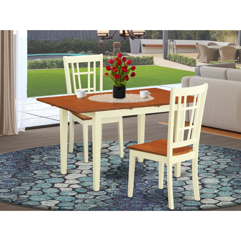 L'ensemble de table de salle à manger 3 pièces contient une table rectangulaire en bois avec une feuille papillon et 2 chaises de cuisine, babeurre et cerise