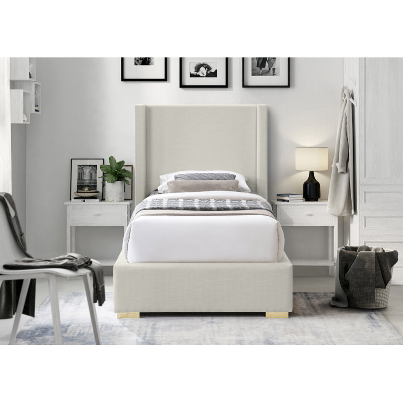 Lit plateforme tapissier Royce, Simple, Tissu texturé en lin beige