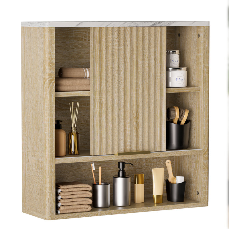 Wave Fluted Wall Cabinet with Sliding Door & Adjustable Shelf, Oak