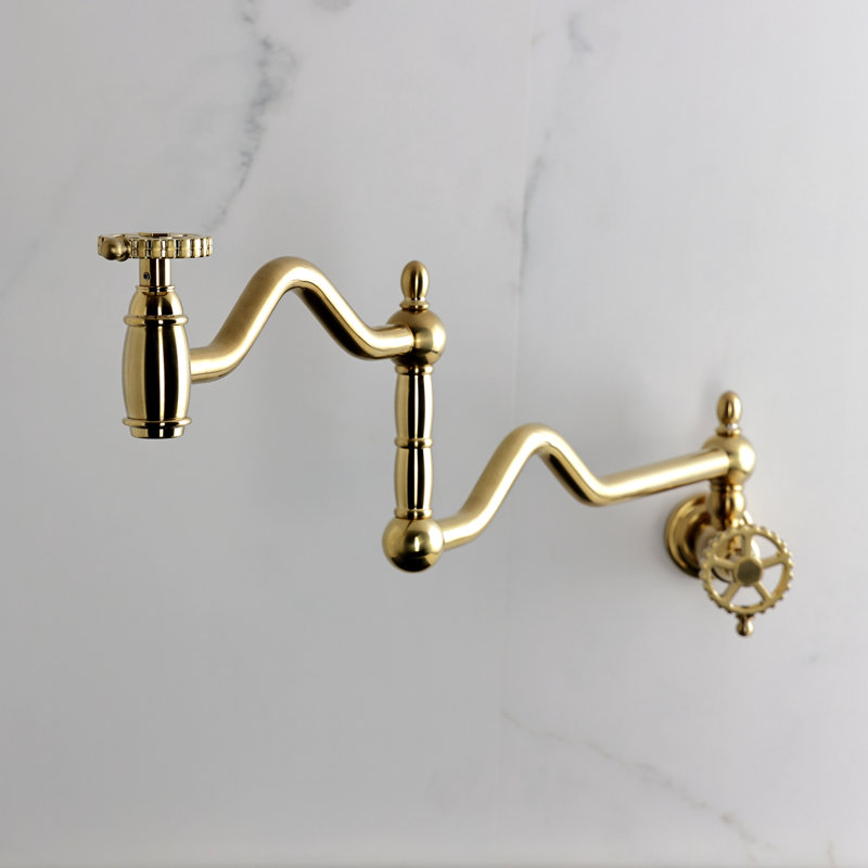 Kingston Brass Fuller Two-Handle 1-Hole Wall Mount Pot Filler Faucet, Brushed Brass