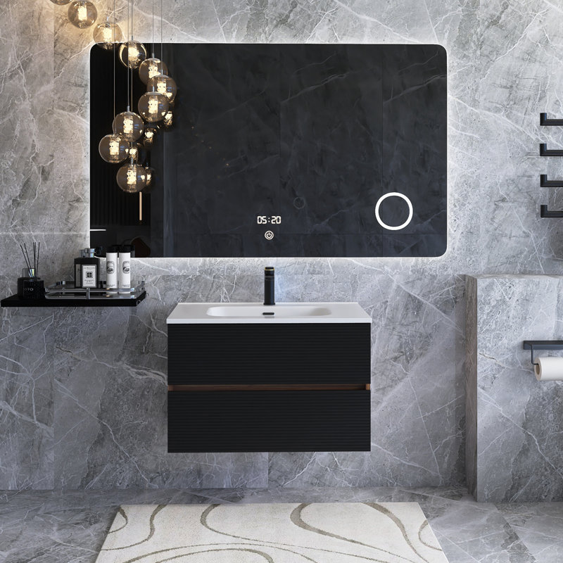 Grand meuble-lavabo de rangement mural moderne noir et noyer pré-assemblé avec lavabo en céramique intégré