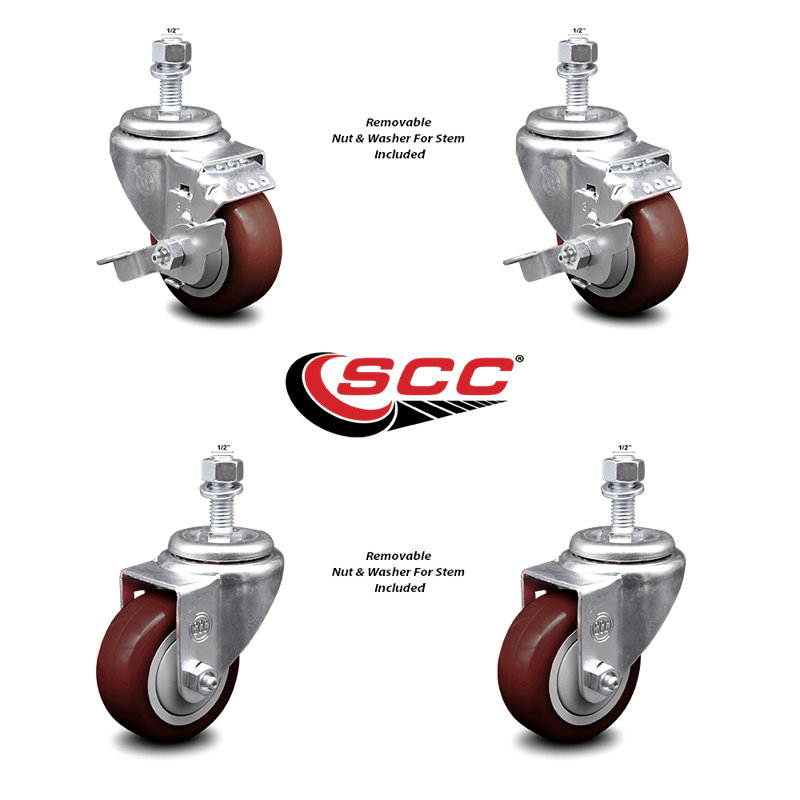 3.5 Inch SS Maroon Polyurethane Swivel ½ Inch Threaded Stem Caster Set 2 Brake