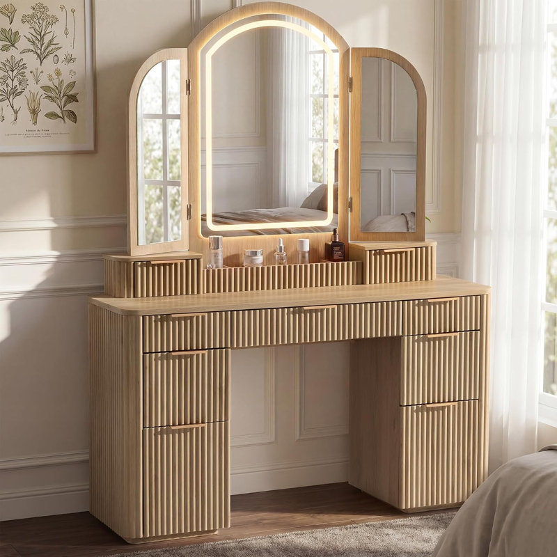 Meuble-lavabo cannelé l 53 po à 9 tiroirs avec miroir arqué à 3 lumières DEL, coiffeuse cannelée moderne à 3 côtés, Chêne