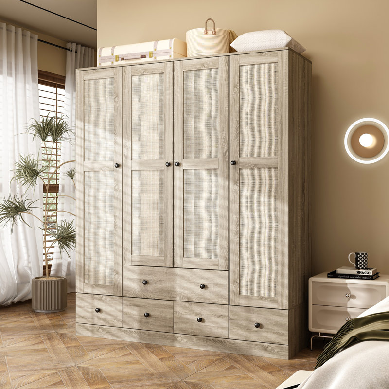 Armoire rustique à quatre portes avec panneaux en rotin et rangement à six tiroirs - Organisateur de placard moderne et spacieux pour les chambres