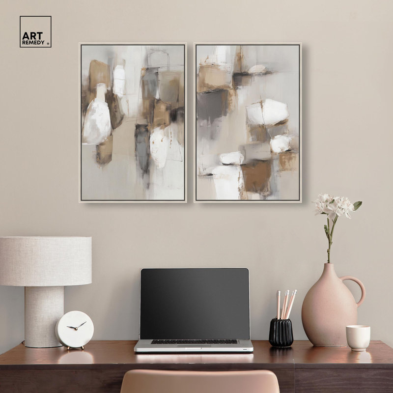 Scraped Surfaces Diptych Canvas Print Abstract Wall Decor Set by Art Remedy, Gallery Wrapped, 36 x 54, Silver Frame