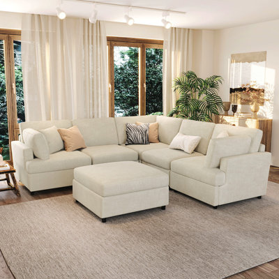 U-Style 127" U-Shaped Sectional Sofa With Movable Ottoman, 6-Piece Chenille Fabric Sofa Set, Convertible Modular Corner Couch With Sturdy Pine Wood Frame, For Large Living Room And Apartment