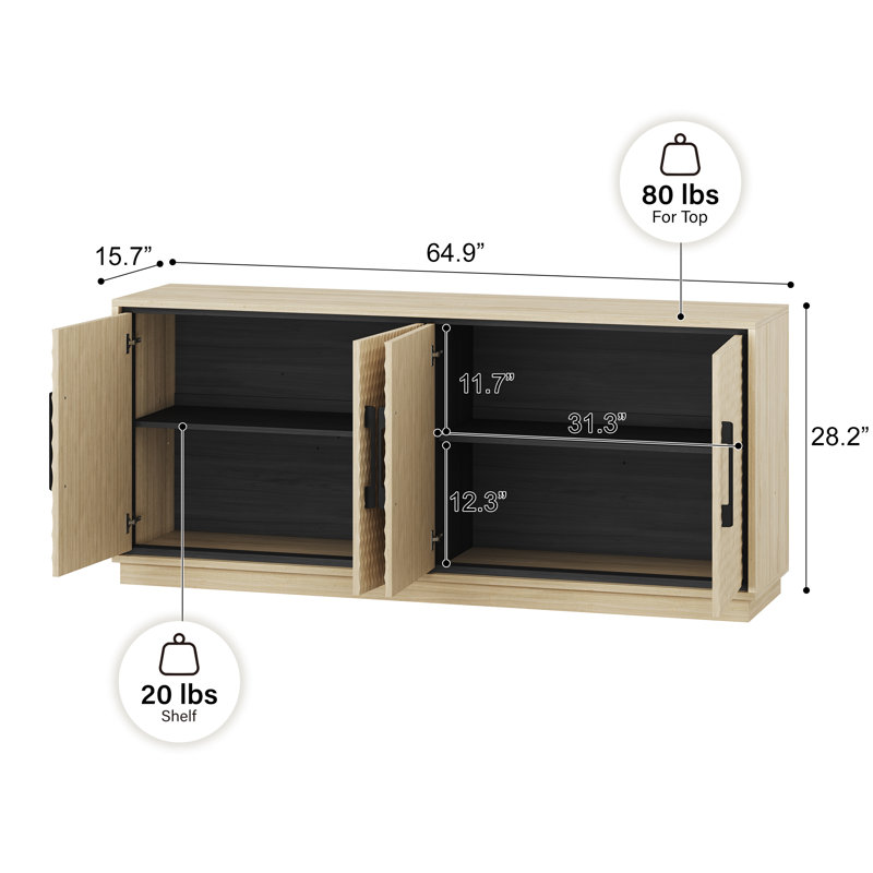Buffet 65 po avec rangement, buffet pour salle à manger, lotus blanc