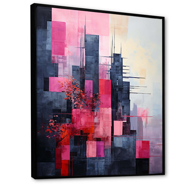 «Fuchsia Facades Skyscraper Horizon II», reproduction sur toile, Cadre flottant noir, H 32 po x l 24 po