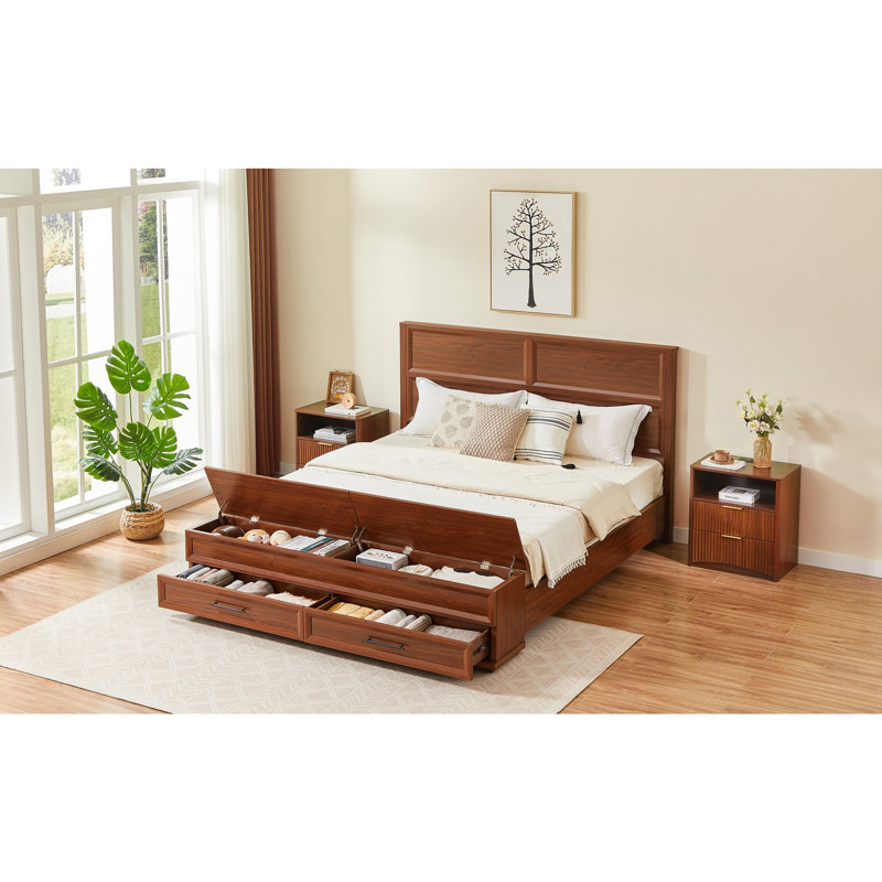 Bed with 3D Geometric Headboard & Storage Bench - 4-Drawer Storage, Walnut, King