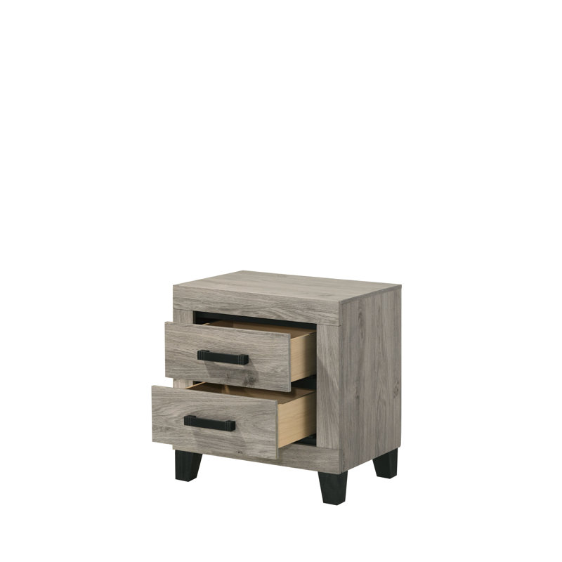 Table de chevet moderne à 2 tiroirs gris clair avec poignées noires et pieds fuselés, pour une petite chambre à coucher, peu encombrante et simple