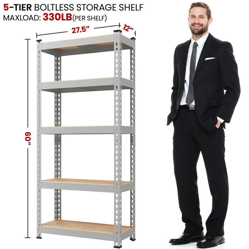 Tevis 60" H x 27.5" W x 12" D 5 Tiers Boltless Adjustable Storage Shelf Goods Rack, Light Gray