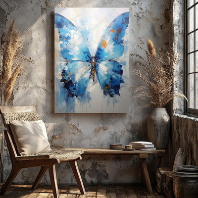 Un seul grand papillon peint dans un style d'aquarelle abstraite en vrac principalement sur toile, de qualité supérieure, prêt à accrocher moderne