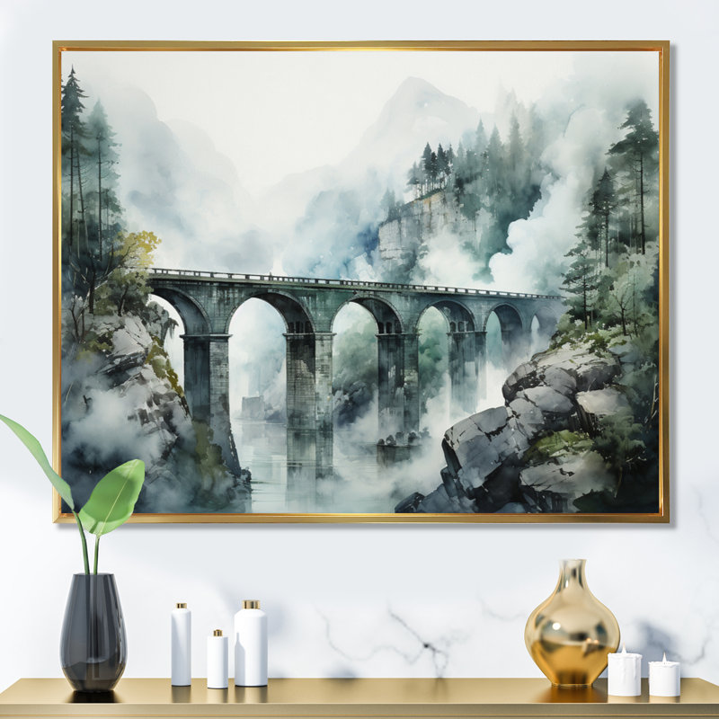 Impression sur toile Babsi Green Bridge Misty Overpass, H 30 po x l 40 po x P 1,5 po, Cadre flottant doré