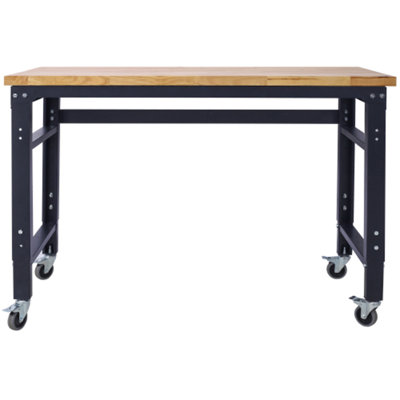 Rolling Workbenches for Garage - Adjustable Height, Workshop Tool Bench, Metal with rubber Wood Top,Black Hammertone leg