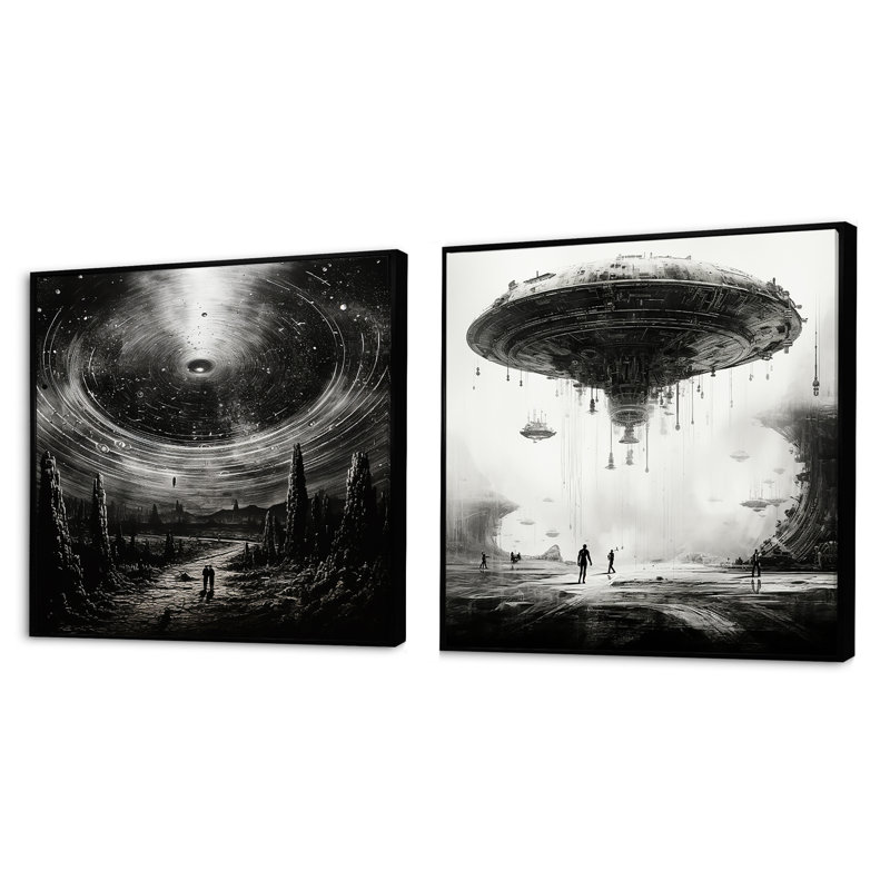Minimalism Sci Fi Ufo - Fantasy & Sci-Fi Square Collage Set Of 2, Black Framed, 16" H x 33" W