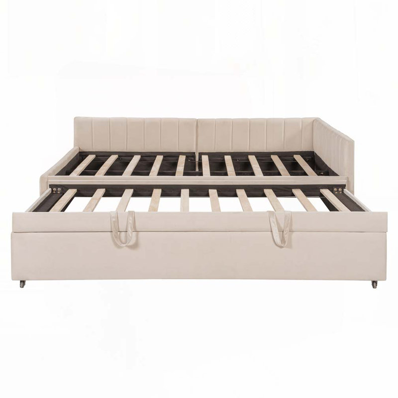Upholstered L-Shaped Daybed with Pop Up Trundle, Beige