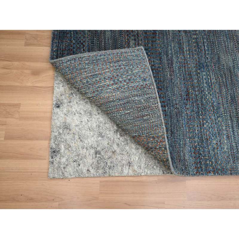 2'7"x12'3" Denim Blue Grass Design Wool and Silk Hand Knotted Runner Rug B82613A95E0D49C0BBF1578740FC0DBF