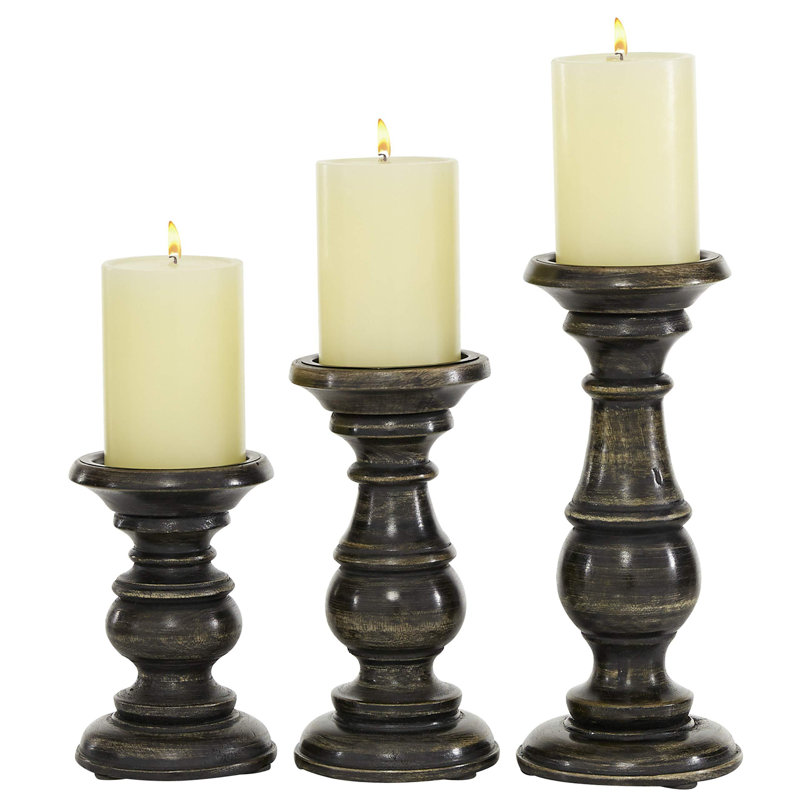Ensemble de porte-bougies décoratifs de style pilier en bois de manguier tourné, Noir