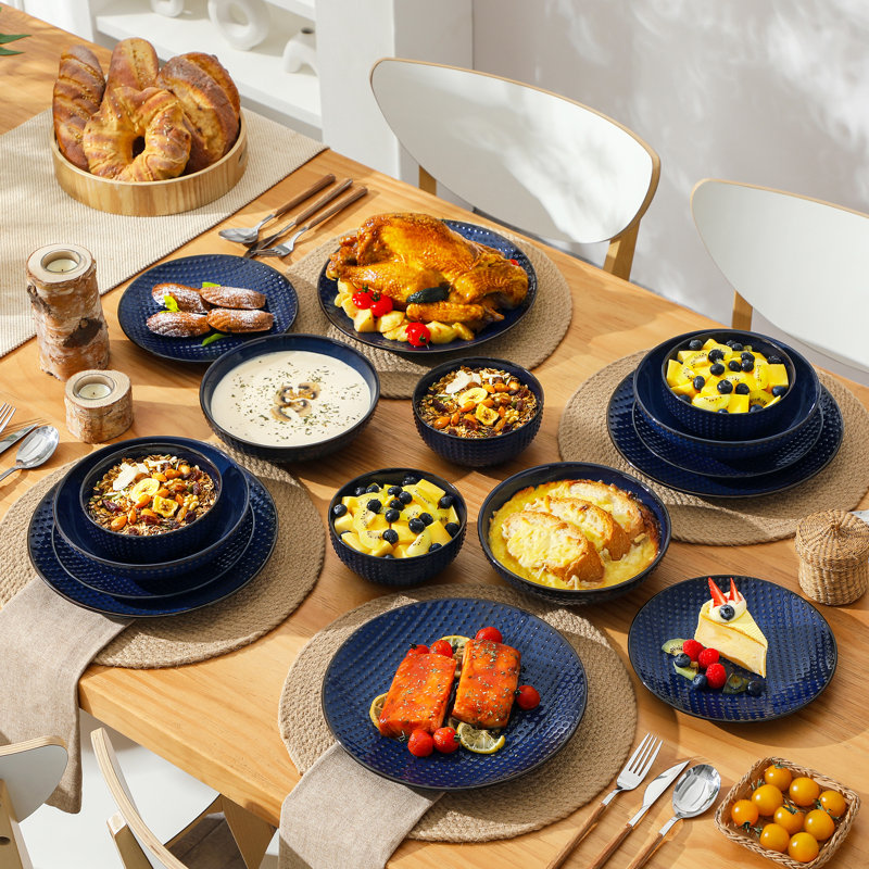 Ensemble de 16 pièces de vaisselle en argile gaufrée bleue au four d'élégance rétro française, artisanat artisanal, 4 personnes, convient pour la maison, la fête, le festival, le cadeau