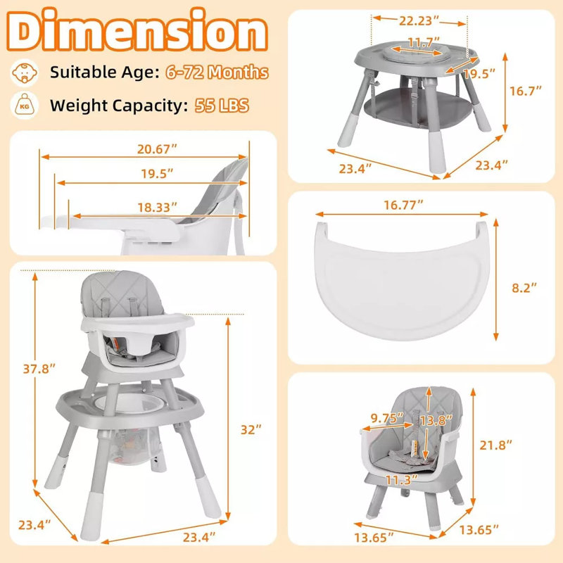 Foldable High Chair for Babies & Toddlers, Adjustable Height, Recline, Storage Basket, Double Trays, Easy to Clean, Gray