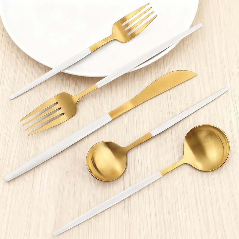 Ensemble de couverts 20 pièces en or blanc mat, service de couverts en acier inoxydable pour 4 personnes, ensemble de couverts à finition satinée pour la maison et le restaurant, vaisselle allant au lave-vaisselle