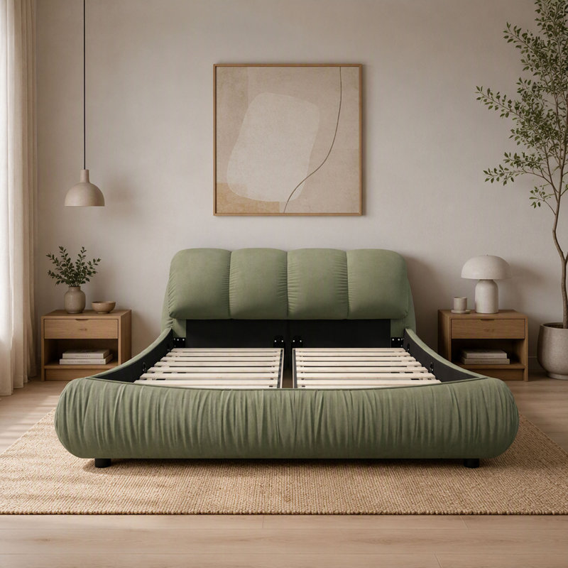 Très grand lit plateforme tapissier très grand avec dossier rembourré surdimensionné et structure en bois massif, convient à plusieurs hauteurs de matelas, vert