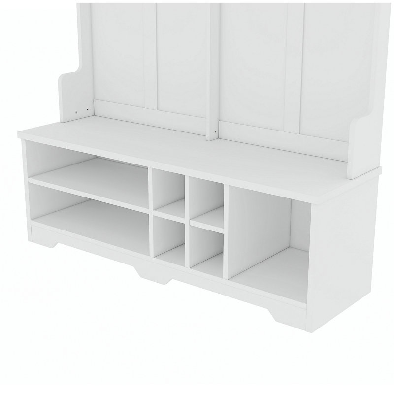 Modern Hallway Hall Tree with Metal Hooks and Storage Space, Multi-Functional Entryway Coat Rack with Shoe Cubbies, White