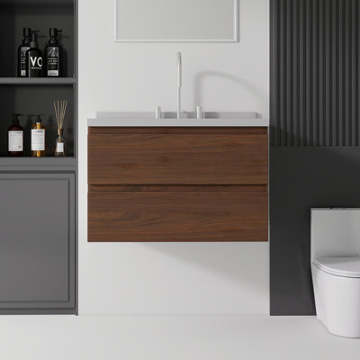 Meuble-lavabo suspendu de 76 cm (30 po) avec lavabo en céramique, comptoir et dosseret en marbre reconstitué, armoire en contreplaqué, tiroirs à fermeture amortie, marron