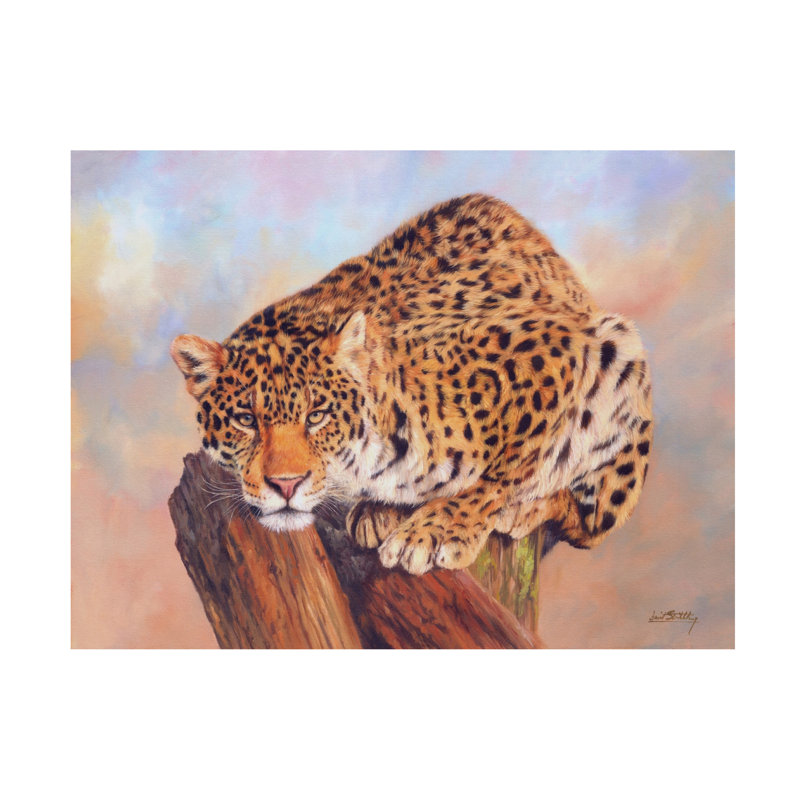 «David Stribble Jaguar On Tree Stump», art sur toile, 35" H x 47" W