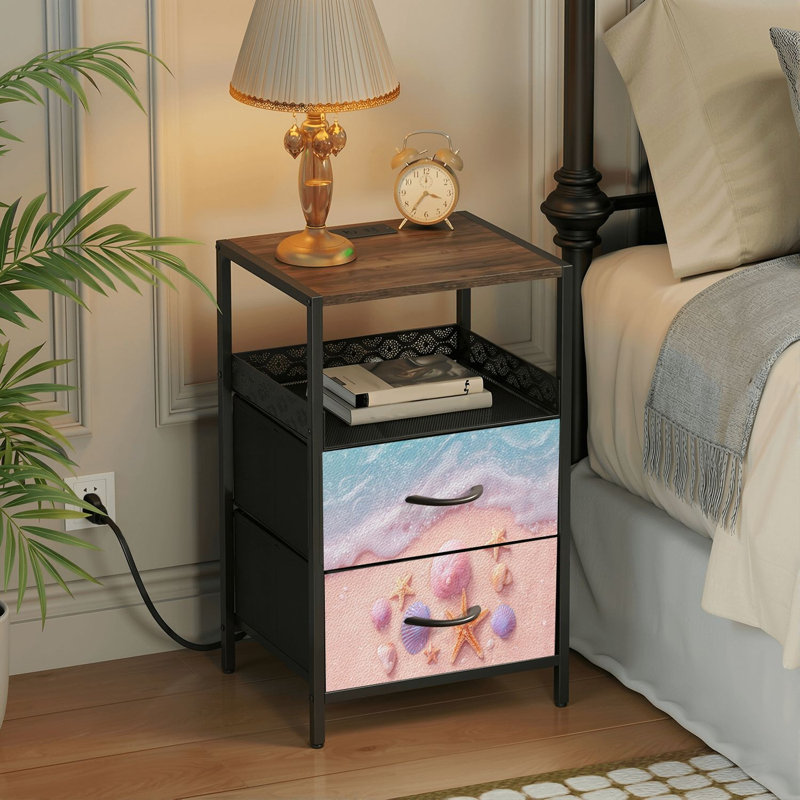 Table de chevet 2 tiroirs avec station de charge, table de chevet de chambre à coucher avec ports USB et prises USB