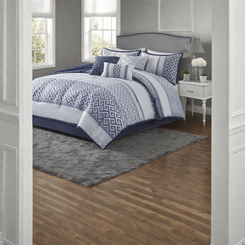 Elegant Navy Jacquard Bedding Sets, Polyester Hypoallergenic Comfort