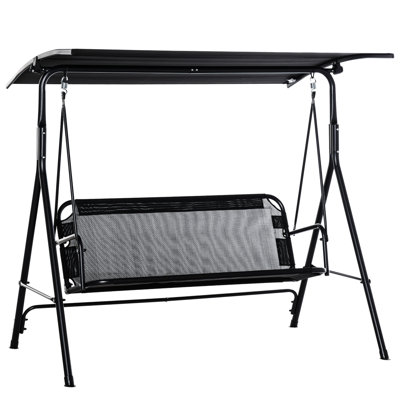 Canopy Porch Swing Chair For 2 Adults - Black, Breathable Material Seat, Adjustable Tilt, Strong Steel Construction, Garden 2-Adult Bench With Mesh Slip Feet, Stable Steel, Black