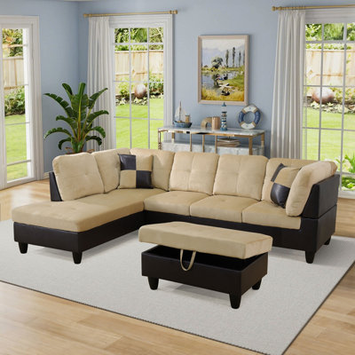 Cicely 3-Piece L Shaped Sectional Sofa, Chaise & Ottoman - Beige/Dark Brown - 2 Tone