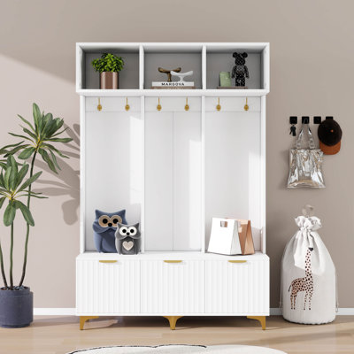 Portemanteau avec banc et rangement pour chaussures, armoire d'entrée avec portes cannelées ultrabrillantes et tablettes ouvertes, portemanteau avec 6 crochets et pieds dorés