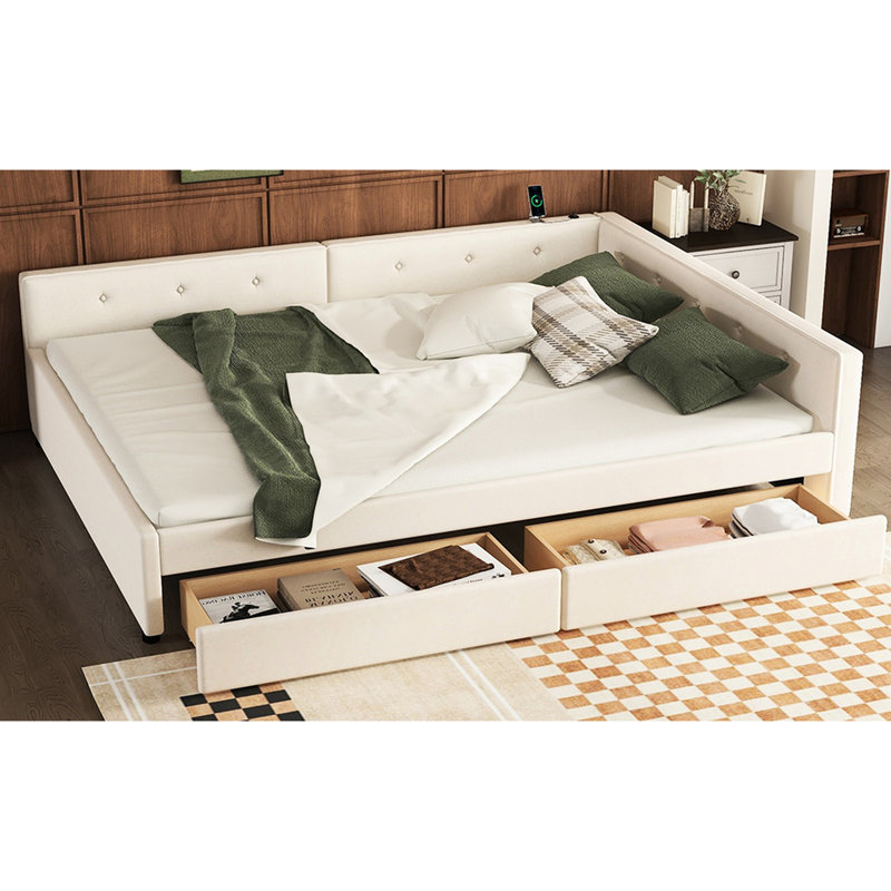 Upholstered Beige Bed With And 2 Drawer Storage Solutions For An Elegant Bedroom Port Shelves Organization, Queen