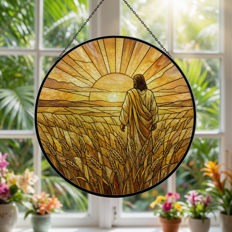 Sunset Field Stained Glass Window Panel，12"H, 12"H