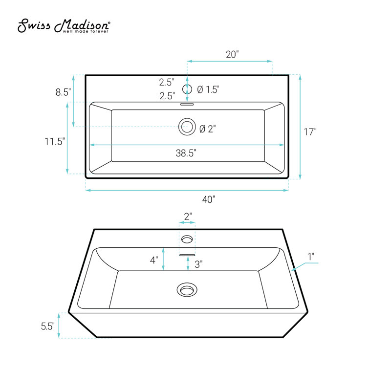 Claire 40" Rectangle Wall-Mount Bathroom Sink, Glossy White, Glossy White