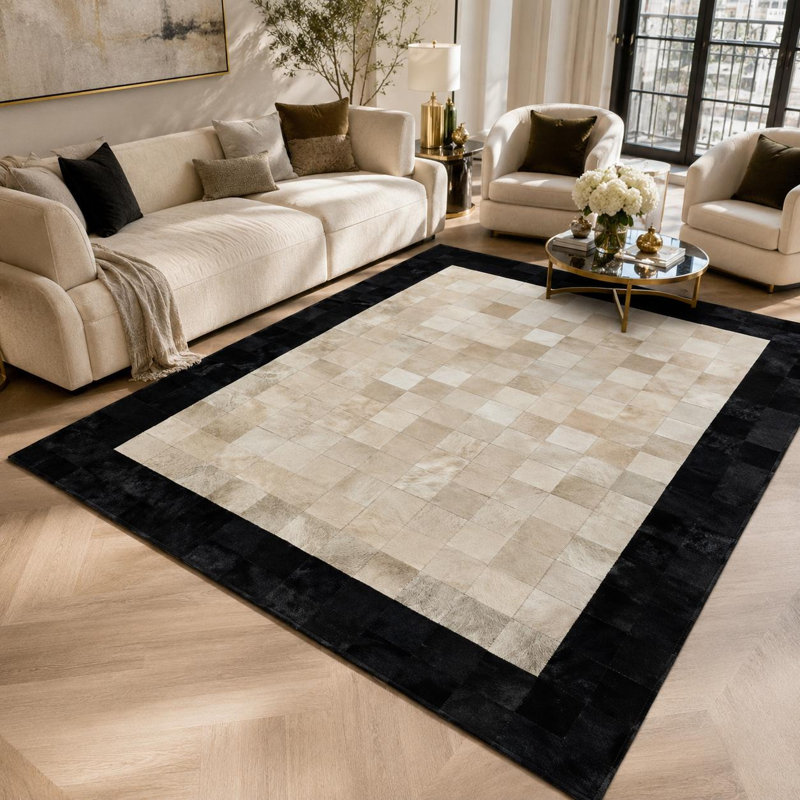 Tapis noir en cuir de vache fabriqué à la main, 3 x 5 ft