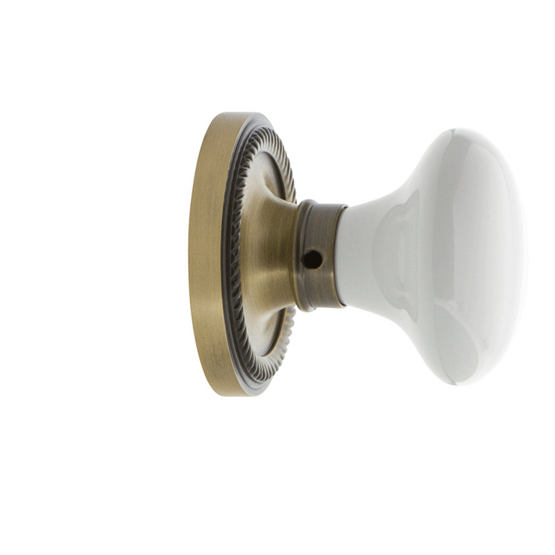 Rope Rosette with White Porcelain Door Knob, Antique Brass, 2-3/8”