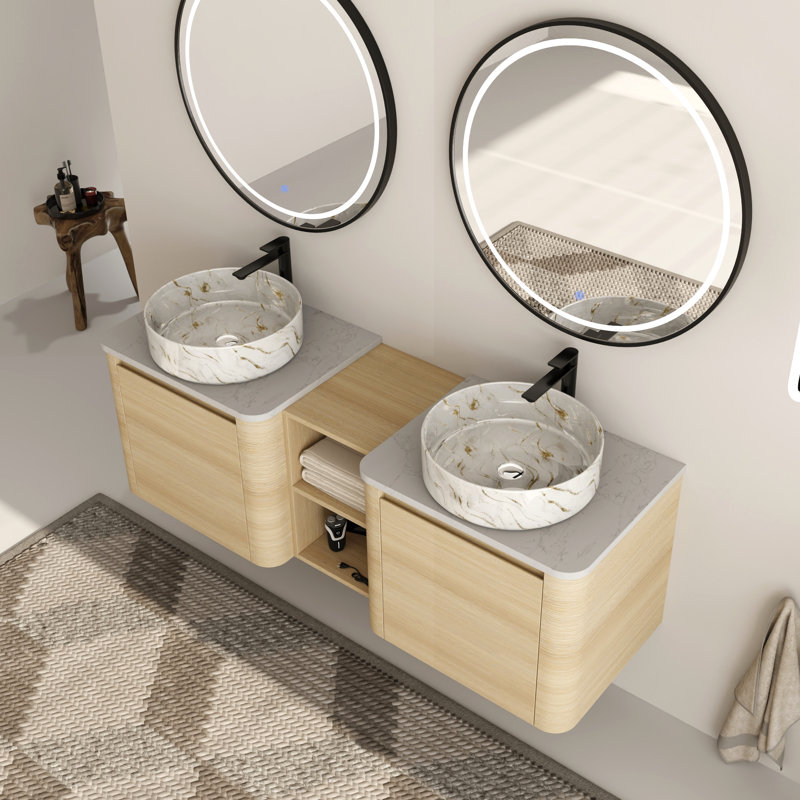 Ensemble de meuble-lavabo double 60 po avec plateau en pierre reconstituée Eaton, 60", Blanc / Doré