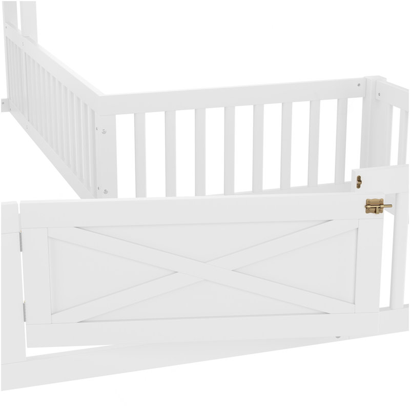 Lit simple au sol, lit simple au sol avec porte et garde-corps pleine longueur, conception multifonctionnelle, blanc, Blanc